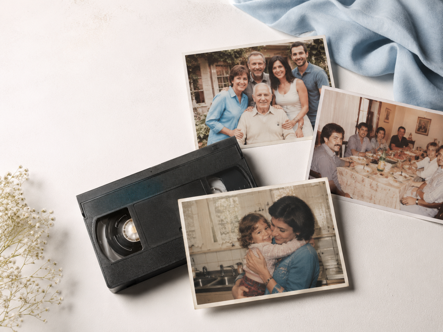 Family photos and VHS tape on a table